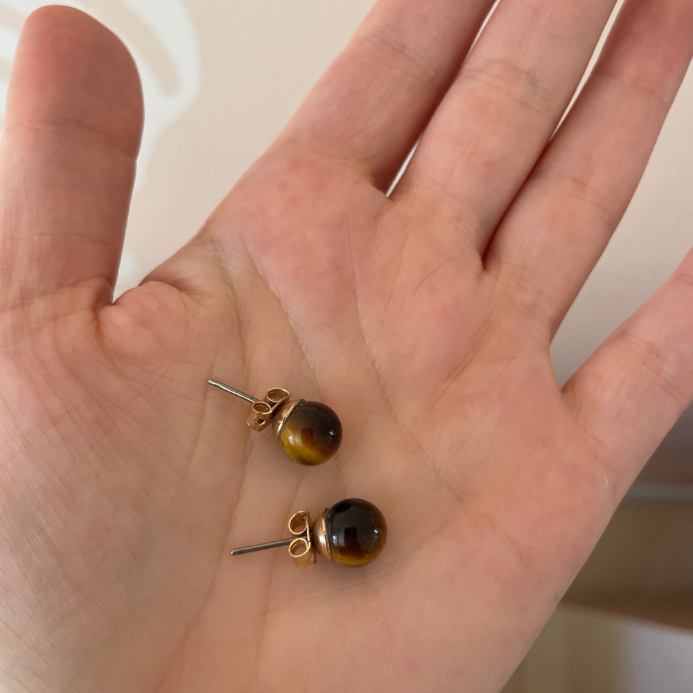 Tigers Eye Round Stone Bead Stud Earrings Gold Tone Butterfly Backs Brown